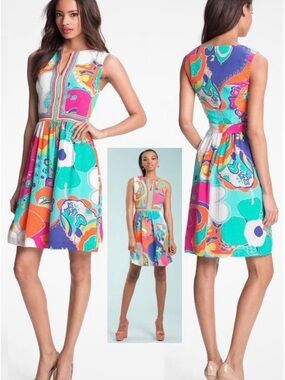 Trina Turk Multicolor Floral Keyhole Fit & Flare Silk Dress